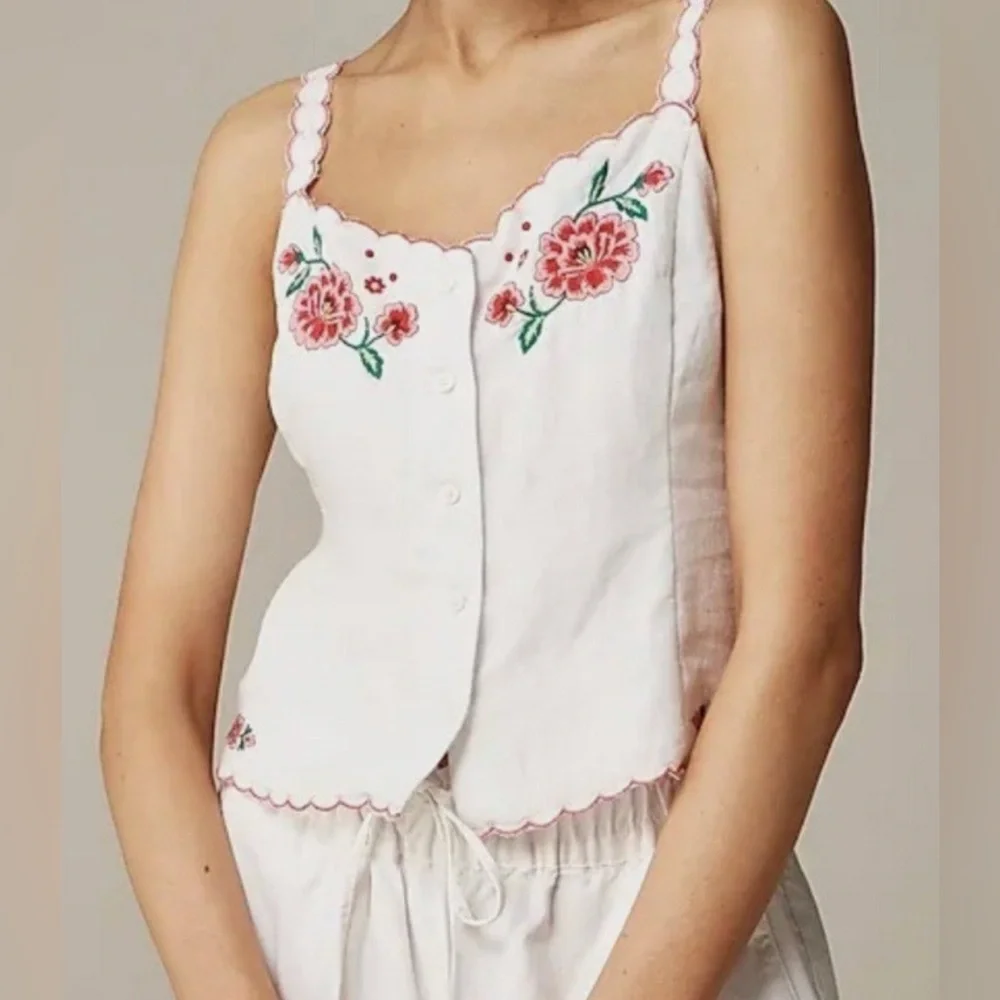 J.Crew Embroidered Scallop Trim Linen Strappy Top Floral - Picture 2 of 6